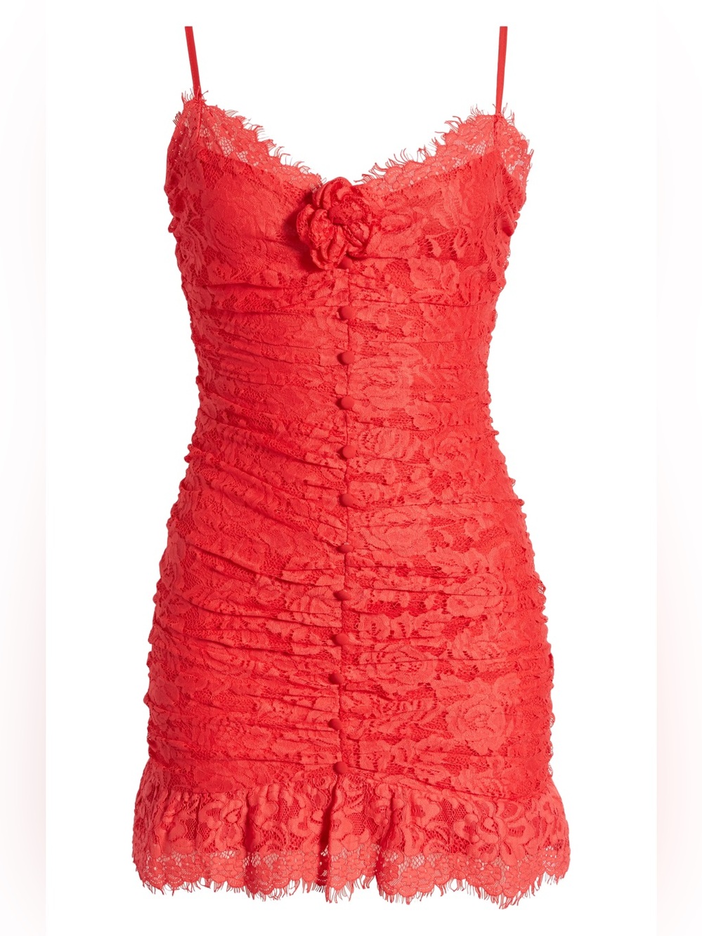 For Love And Lemons Coral Lace Ruched Spaghetti-Strap Mini Dress